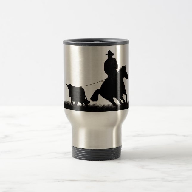Country Western Cowboy Horse Roping Steer Travel Mug (Center)