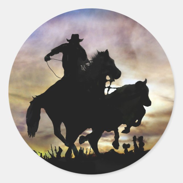 Country Western Cowboy Roping Rodeo Classic Round Sticker (Front)