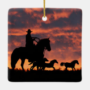 Country Western Cowboy Roundup Wild Horses Ceramic Ornament
