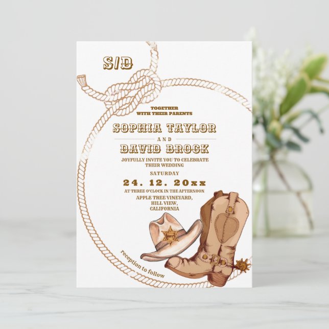 Country Western Cowboy Rustic Wedding  Invitation (Standing Front)