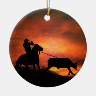 Country Western Cowboy Steer Roping Ceramic Tree Decoration