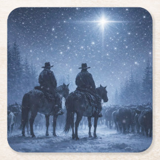Country Western Cowboys Christmas Star Square Paper Coaster
