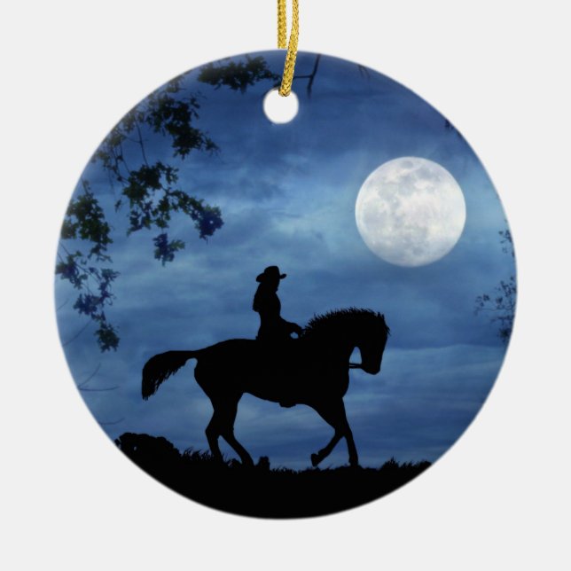 Country Western Cowgirl and Horse Full Moon Ceramic Tree Decoration (Front)