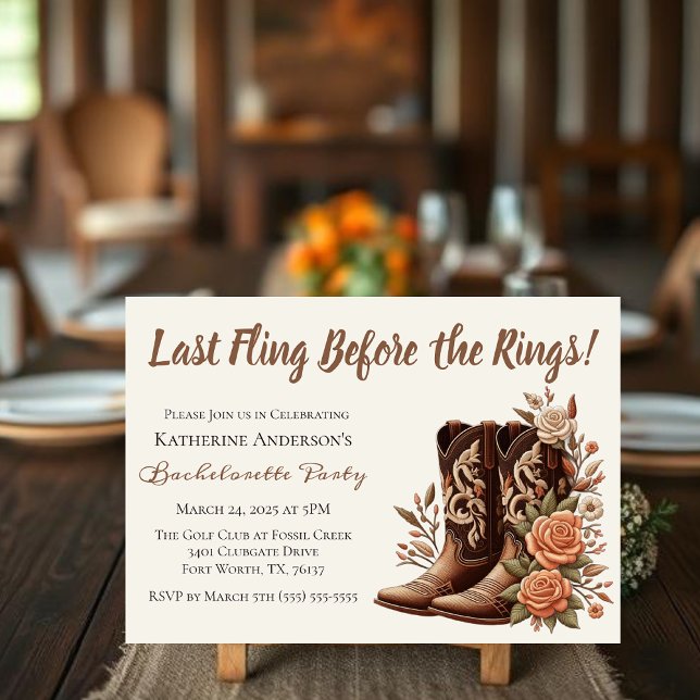 Country Western Cowgirl Boot with Flowers Invitation (Country Western-Flowers with Cowboy Boots-Bachelorette Party Invitation-Last Fling before the rings)
