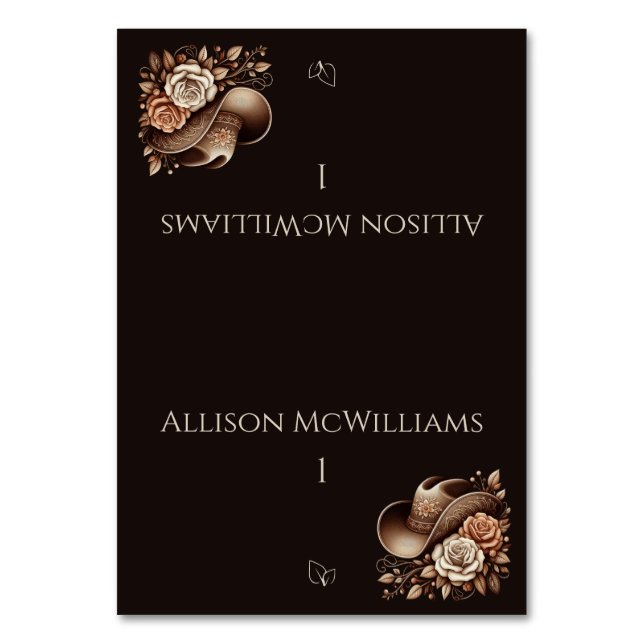 Country Western Cowgirl Hat with Flower Vegetarian Table Number (Front)