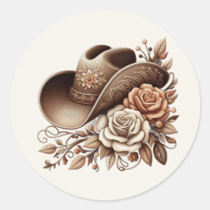 Country Western Cowgirl Hat with Flowers Classic Round Sticker