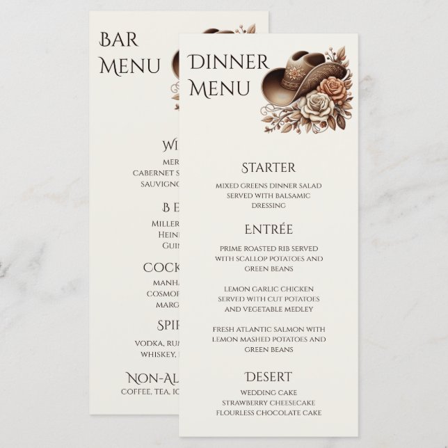 Country Western Cowgirl Hat with Flowers Menu (Front/Back)