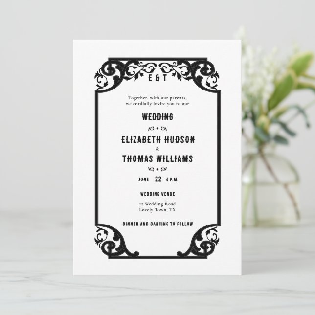 Country Western Deco Black White Formal Wedding Invitation (Standing Front)
