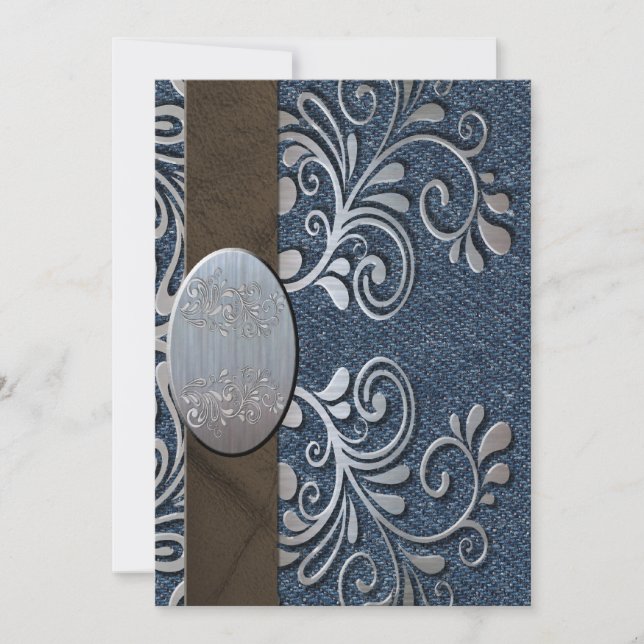 Country Western Denim Silver Buckle Wedding Invitation (Front)