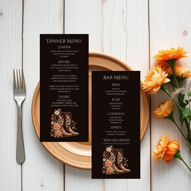 Country Western Flowers with Cowboy Boots Menu (Country Western-Flowers with Cowboy Boots-Wedding dinner and bar menu)