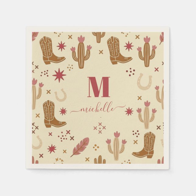 Country Western Hand-Drawn Pattern Monogram Script Napkin (Front)