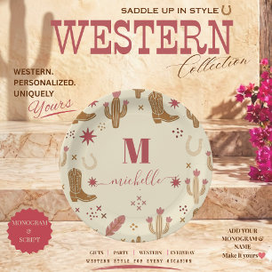 Country Western Hand-Drawn Pattern Monogram Script Paper Plate