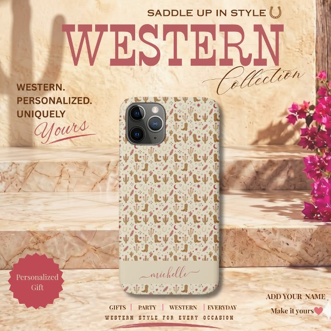 Country Western Hand-Drawn Pattern with Script Case-Mate iPhone Case (Country Western Pattern Boots Horse Shoes Cactus and Feathers )