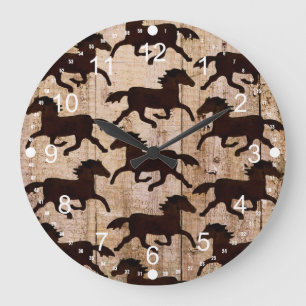 Country Western Horses on Barn Wood Cowboy Gifts Large Clock