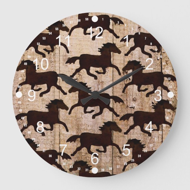 Country Western Horses on Barn Wood Cowboy Gifts Large Clock (Front)