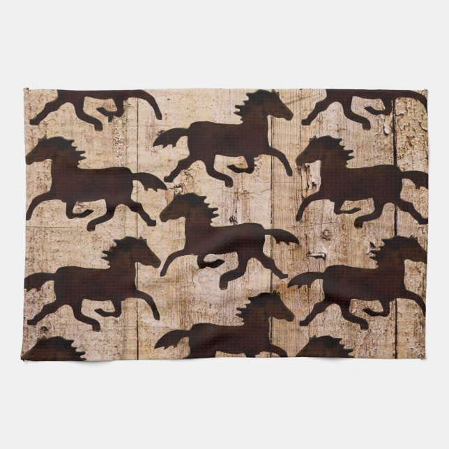 Country Western Horses on Barn Wood Cowboy Gifts Tea Towel (Horizontal)