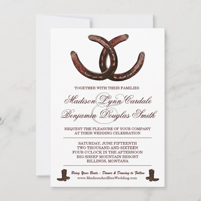 Country Western Horseshoes Boots Wedding Invites (Front)