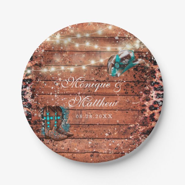 Country Western Lights Boots Hat Wedding Paper Plate (Front)