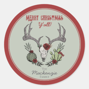 Country Western Merry Christmas Y'All Holiday Classic Round Sticker