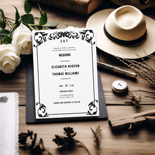 Country Western Minimal Black White Formal Wedding Invitation (country western black white wedding invitation vintage frame elegant formal rustic ranch barn classy)