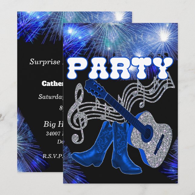 Country Western Music Blue Guitar And Cowboy Boots Invitation (Front/Back)