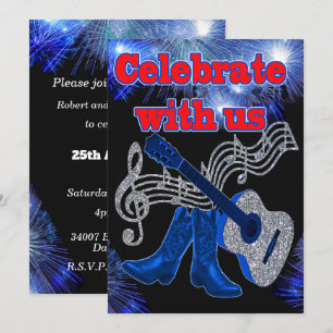 Country Western Music Blue Guitar And Cowboy Boots Invitation