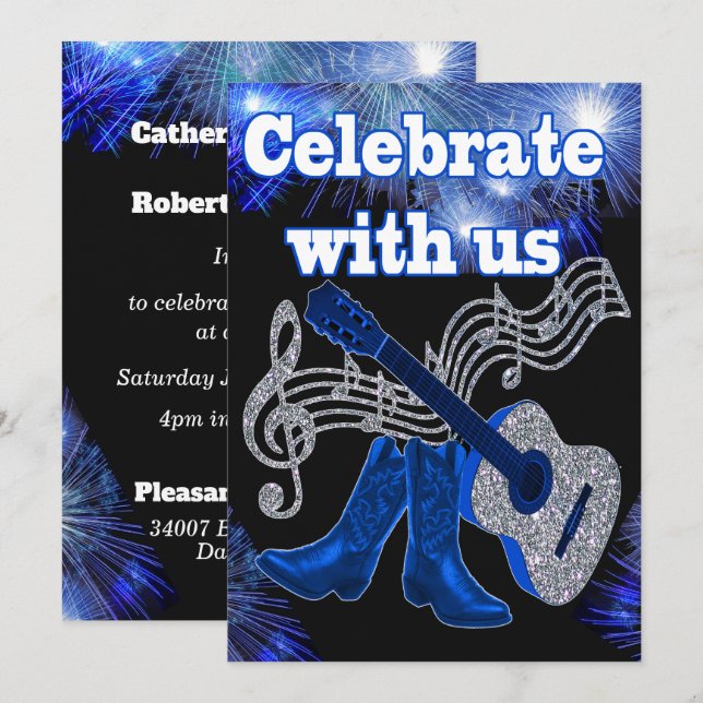 Country Western Music Blue Guitar And Cowboy Boots Invitation (Front/Back)