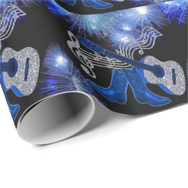 Country Western Music Blue Guitar And Cowboy Boots Wrapping Paper (Roll Corner)