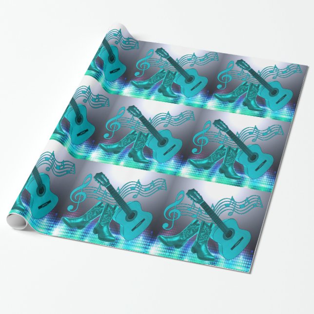 Country Western Music Blue Guitar And Cowboy Boots Wrapping Paper (Unrolled)