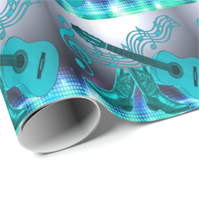 Country Western Music Blue Guitar And Cowboy Boots Wrapping Paper (Roll Corner)