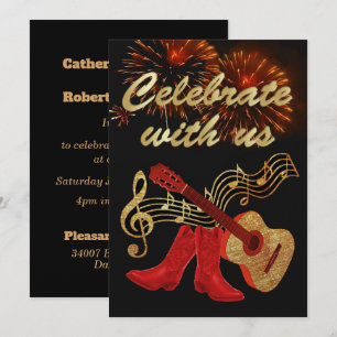Country Western Music Guitar And Red Cowboy Boots Invitation