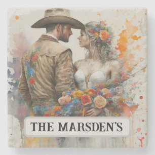 Country Western Newlyweds Watercolor Stone Coaster