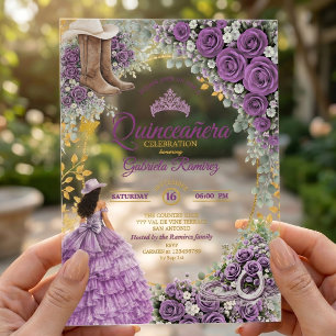 Country Western Purple Roses Golden Quinceañera Acrylic Invitations