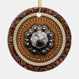 Country Western Rope and Tooled Leather Concho Ceramic Tree Decoration