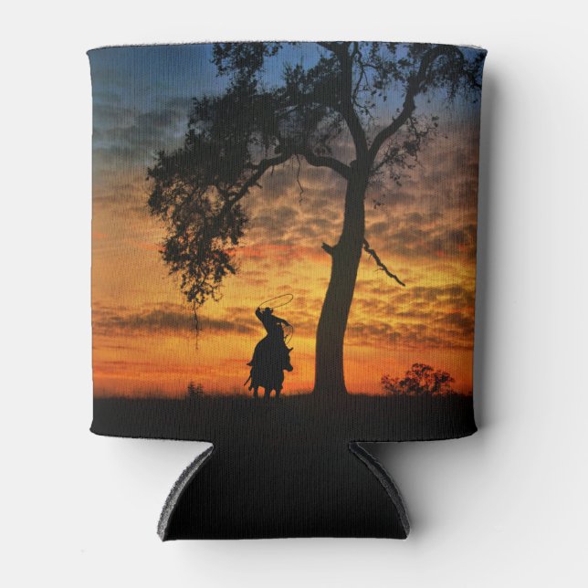 Country Western Roping Cowboy and Horse at Sunset Can Cooler (Front)