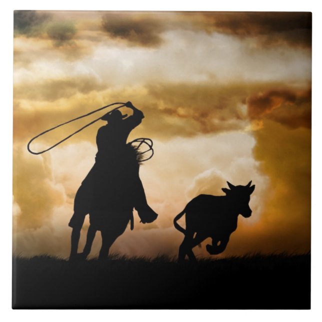 Country Western Roping Cowboy and Horse Tile (Front)