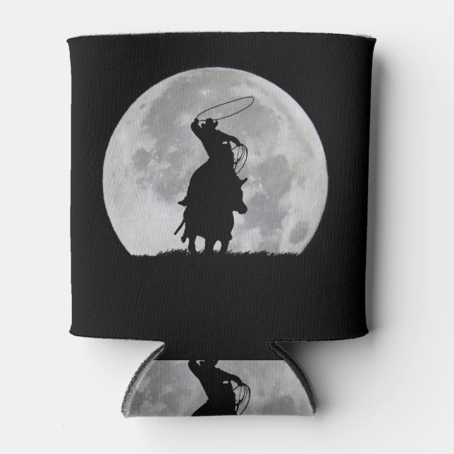 Country Western Roping Cowboy and Steer Moon Can Cooler (Front)