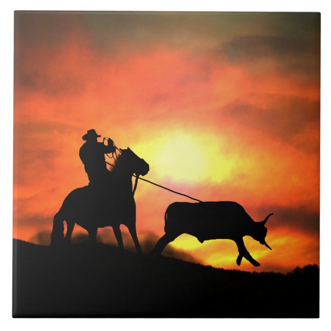 Country Western Roping Cowboy Art Tile (Front)
