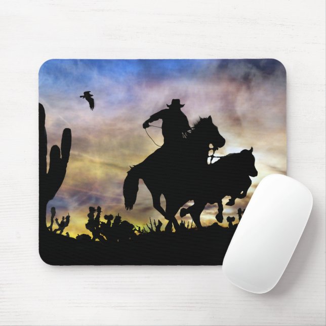 Country Western Roping Cowboy Desert Scene Mouse Mat (With Mouse)