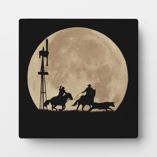 Country Western Roping Cowboy in Moonlight Plaque (Front)