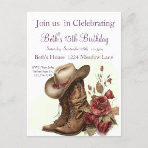 Country Western, Roses, 15th Birthday Invitation Postcard
