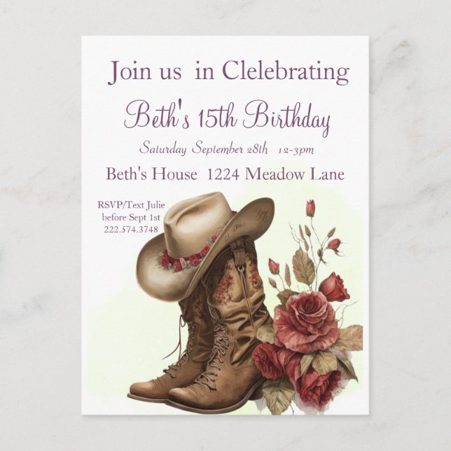 Country Western, Roses, 15th Birthday Invitation Postcard (Front)