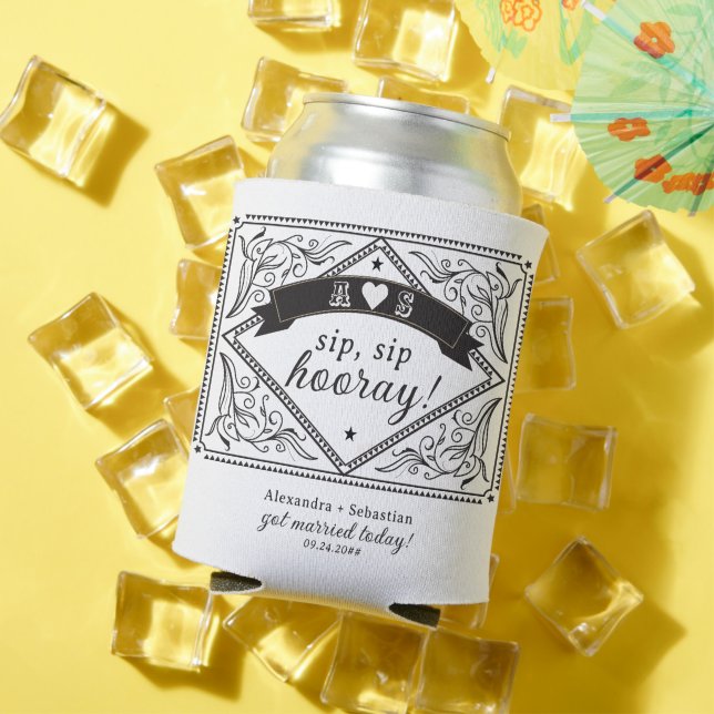 Country Western Rustic Floral Black White Wedding Can Cooler (In Situ Summer)