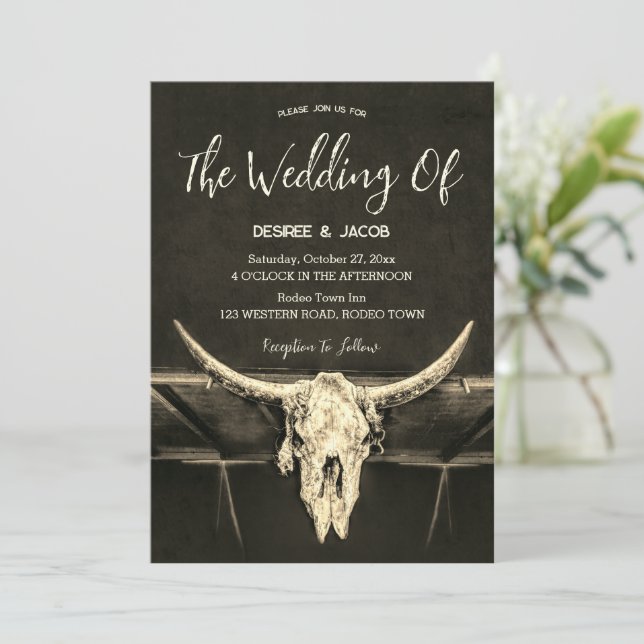 Country Western Rustic Sepia Bull Skull Wedding Invitation (Standing Front)