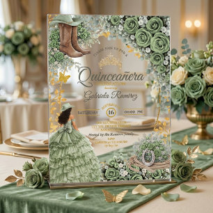 Country Western Sage Green Rose Golden Quinceañera Acrylic Invitations