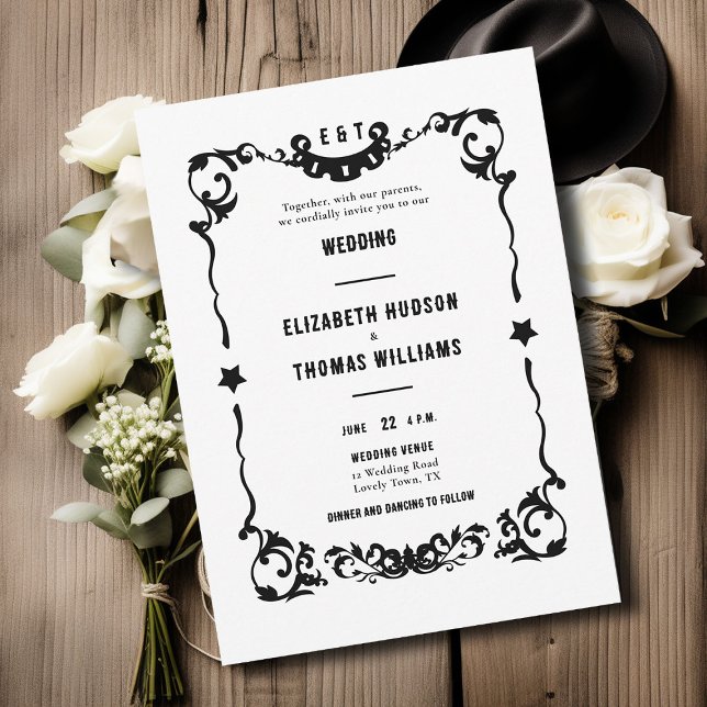 Country Western Stars Black White Formal Wedding Invitation (country western black white wedding invitation vintage frame elegant formal modern ranch barn rustic)