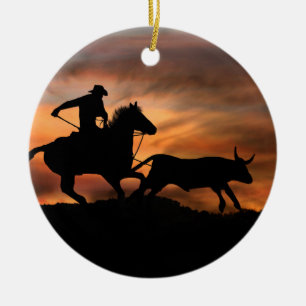Country Western Steer Roping Cowboy Ceramic Tree Decoration