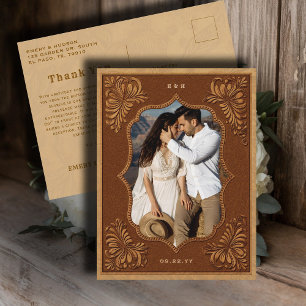 Country Western Tooled Wedding Photo Thank You Postcard