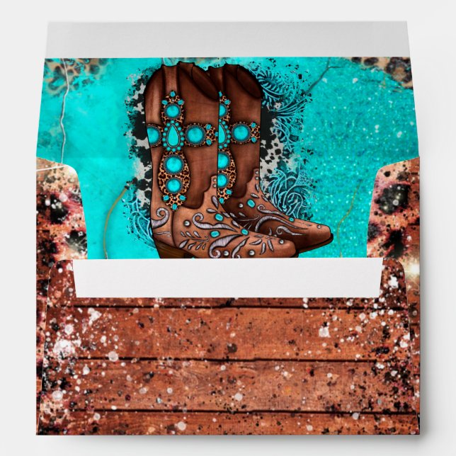 Country Western Turquoise Animal Print Wedding Envelope (Back (Bottom))
