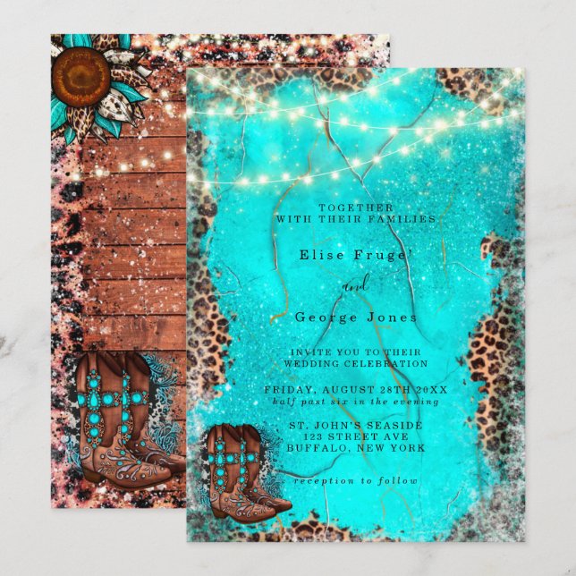 Country Western Turquoise Cowboy Boots Wedding Invitation (Front/Back)